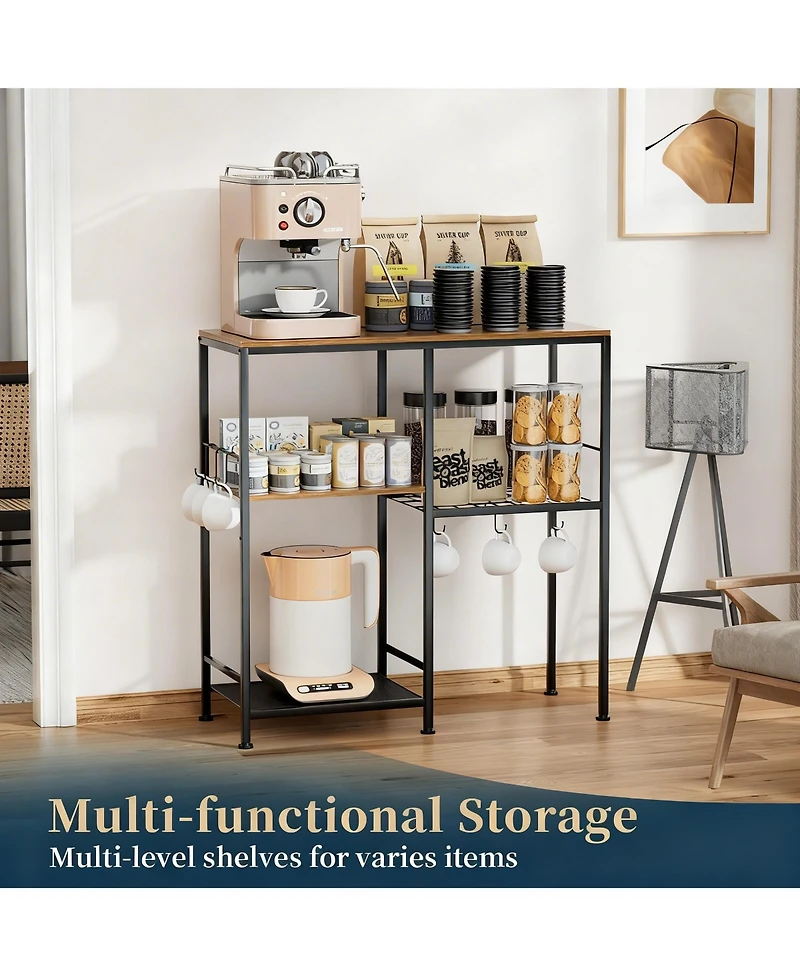 Yigii Microwave Stand Coffee Bar 3 Shelves 6 Hooks Kitchen Storage Organizer