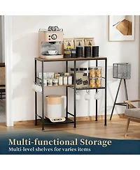 Yigii Microwave Stand Coffee Bar 3 Shelves 6 Hooks Kitchen Storage Organizer