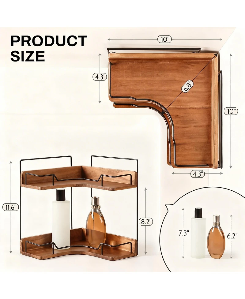 Yigii 2-Tier Wooden Corner Shelf Bathroom Counter Organizer Vanity Makeup Storage