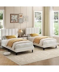 gaomon Twin Size Velvet Iron Mdf Vertical Pattern Soft Bag Basic Bed, White Upholstered Bed Frame, Stylish Design, Comfortable Mattress, No Box Spring