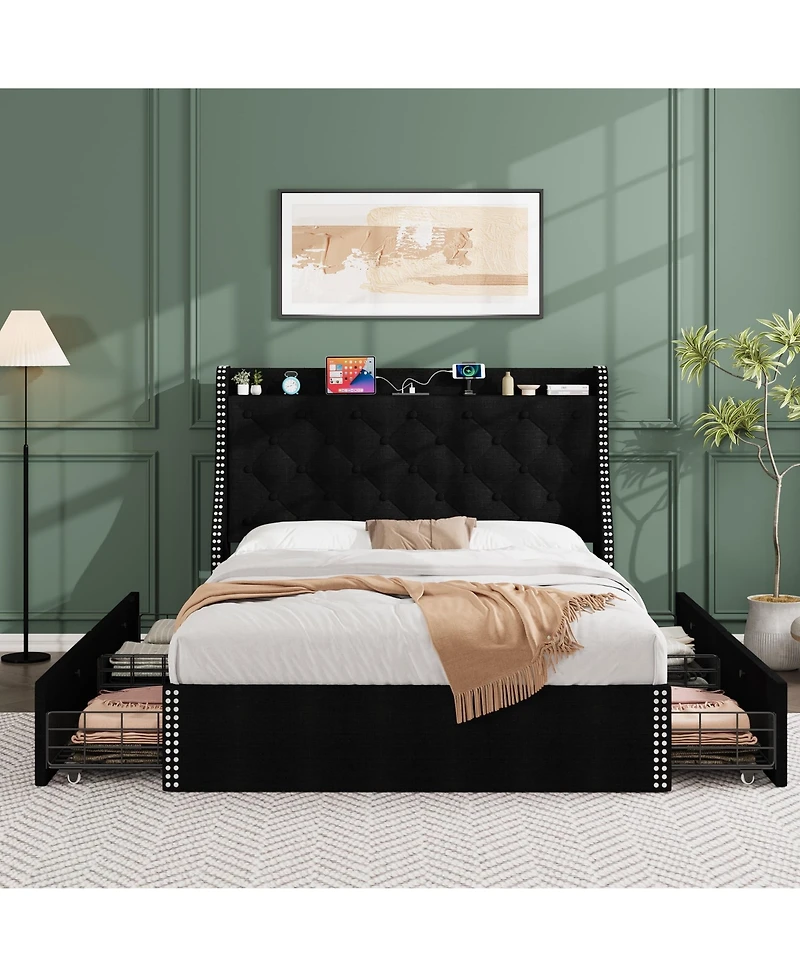 gaomon Full Bed Frame with Wingback Headboard & 4 Drawers, Velvet Upholstered, Charging Station, Button Tufted