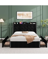 gaomon Full Bed Frame with Wingback Headboard & 4 Drawers, Velvet Upholstered, Charging Station, Button Tufted