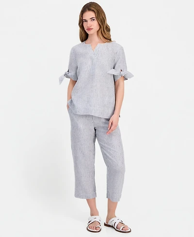 Charter Club Petite Beach Stripe High-Rise Cropped Linen Pants, Macy's Exclusive