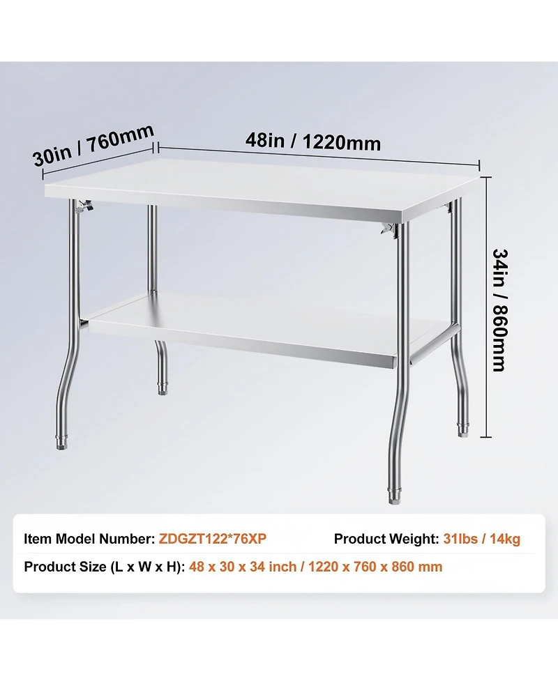 Gouun Folding Stainless Steel Commercial Prep Table 48 x 30 in, Portable Worktable