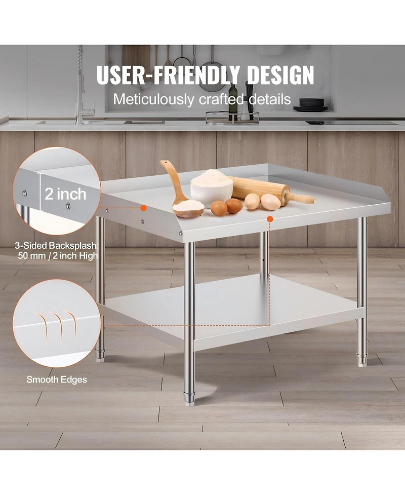 Gouun Stainless Steel Work Table 30 x 36 x 26 in with 2 in Backsplash, Adjustable Height