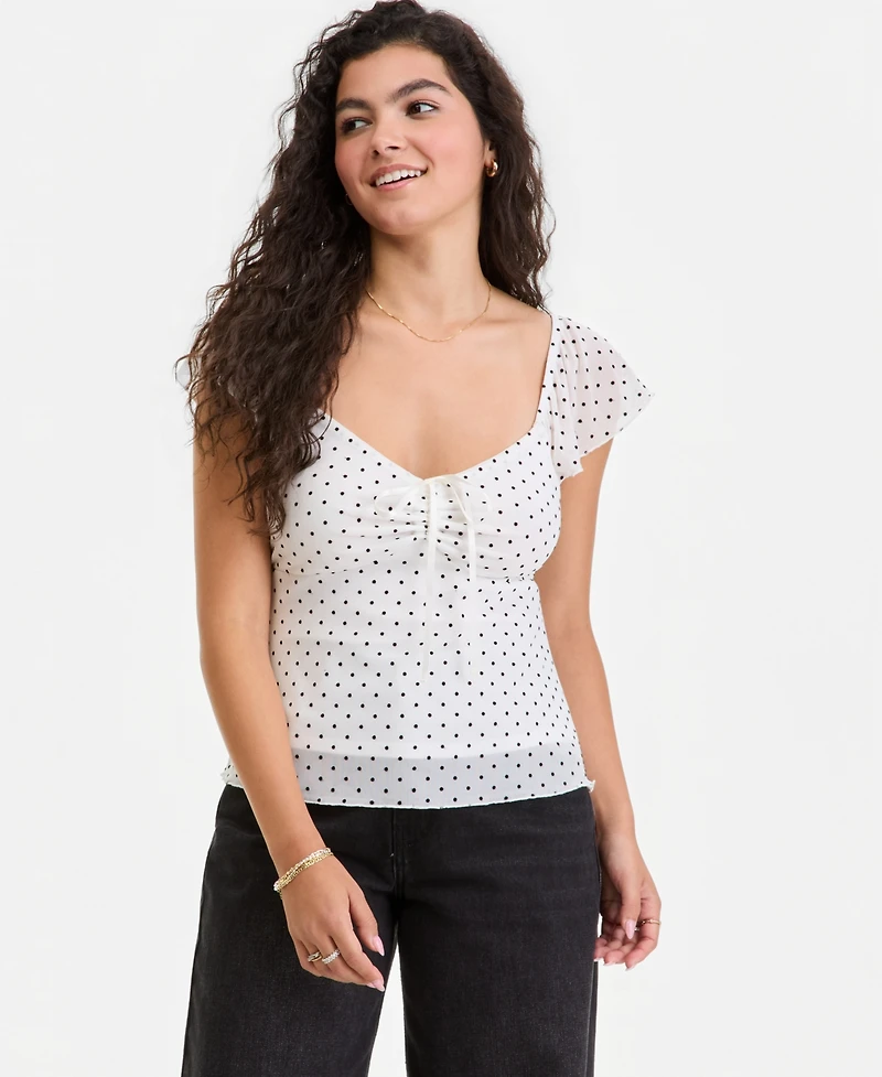 Ultra Flirt Juniors' Flutter-Sleeve Tie-Neck Top
