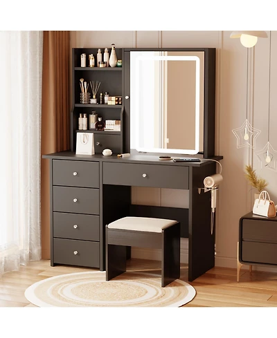 Dyhome Vanity Desk with Sliding Mirror and Led Lights & Charging Station