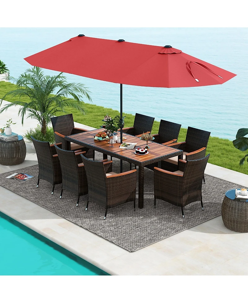 Gymax 9 Piece Patio Wicker Dining Set w/ Double-Sided Patio Wine Umbrella Stackable Chairs