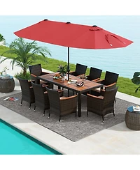 Gymax 9 Piece Patio Wicker Dining Set w/ Double-Sided Patio Wine Umbrella Stackable Chairs