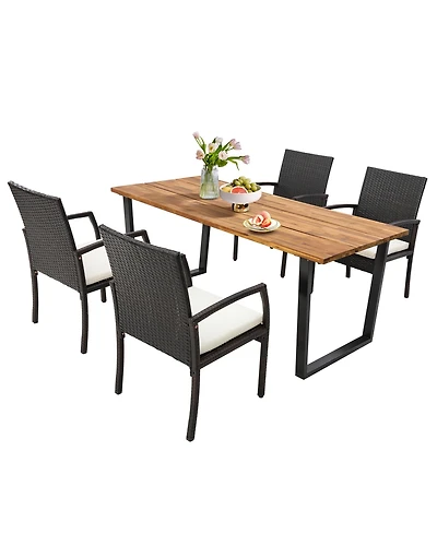 Gymax 5PCS Rattan Dining Set Acacia Wood Table 4 Wicker Chairs w/ Umbrella Hole Patio