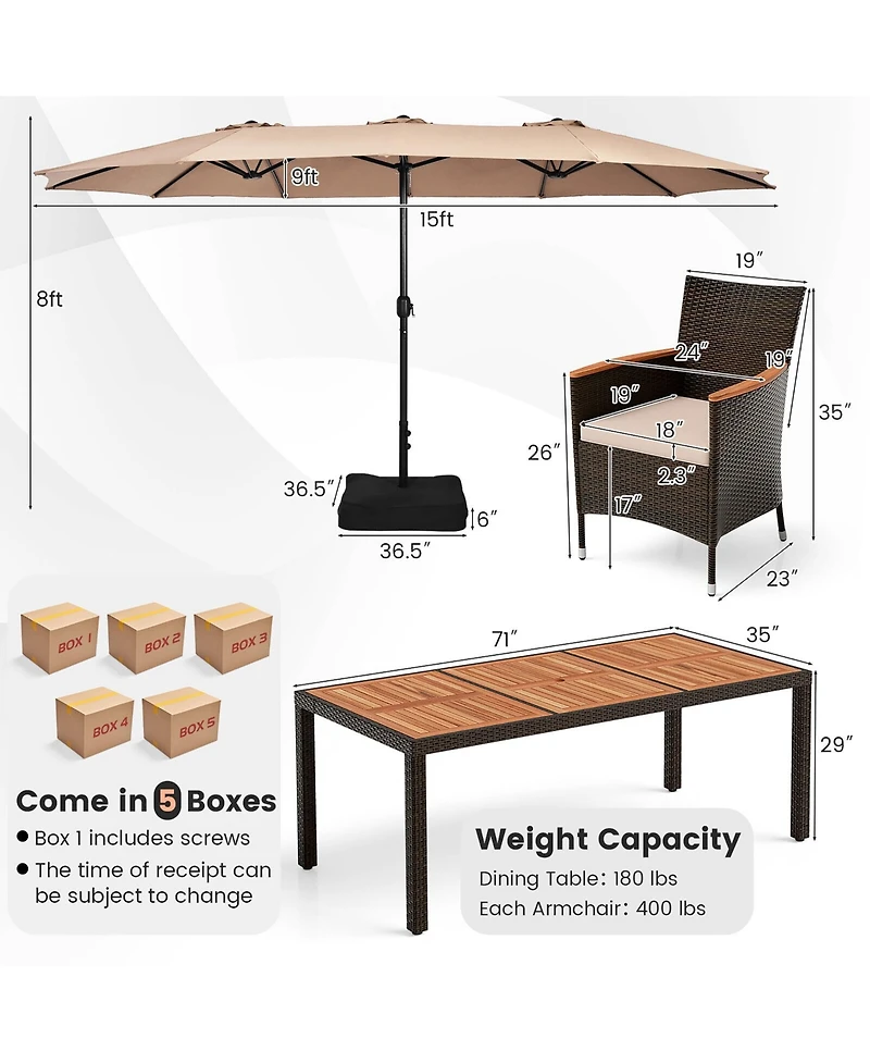 Gymax 9 Piece Patio Wicker Dining Set w/ Double-Sided Patio Coffee Umbrella Stackable Chairs