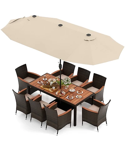 Gymax 9 Piece Patio Wicker Dining Set w/ Double-Sided Patio Beige Umbrella Stackable Chairs