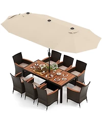 Gymax 9 Piece Patio Wicker Dining Set w/ Double-Sided Patio Beige Umbrella Stackable Chairs