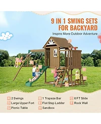 Gouun 9 in 1 Wooden Swing Set with Slide Swings Fort Picnic Table and Sandbox