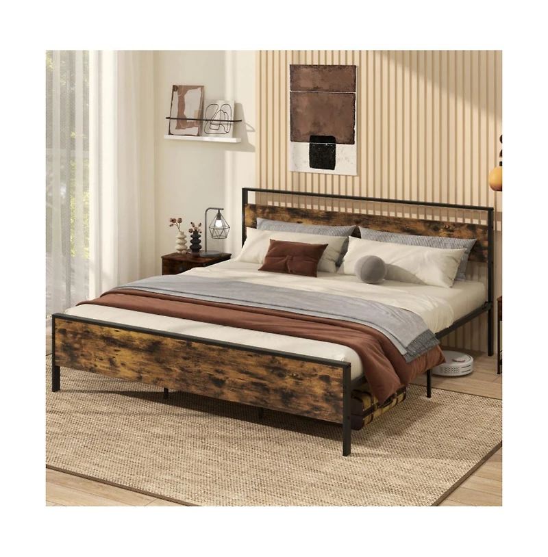 Gouun Metal Bed Frame Industrial Platform Bed with Wooden Headboard