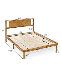 Gouun Bed Frame Mid-Century Acacia Wood Platform Bed with Headboard
