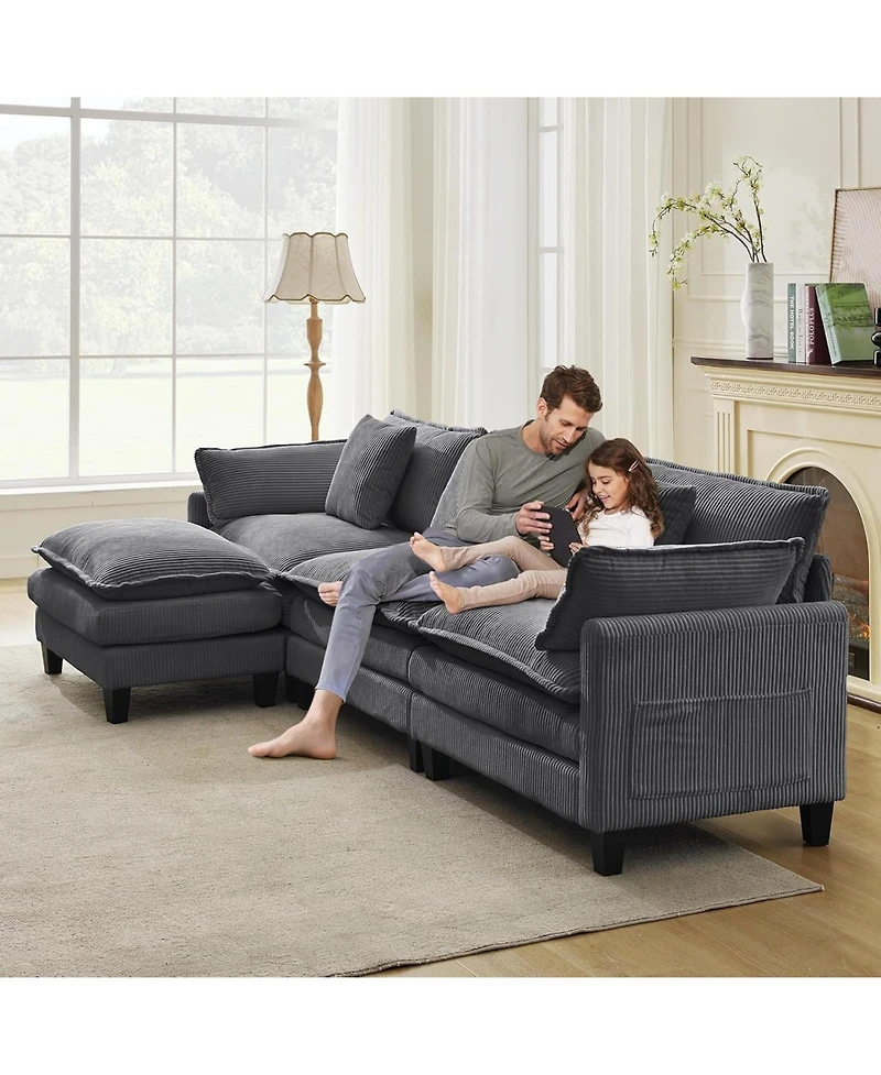 gaomon 112" Modular Sectional Sofa, U-Shaped Corduroy Cloud Couch with Ottoman and Pillows