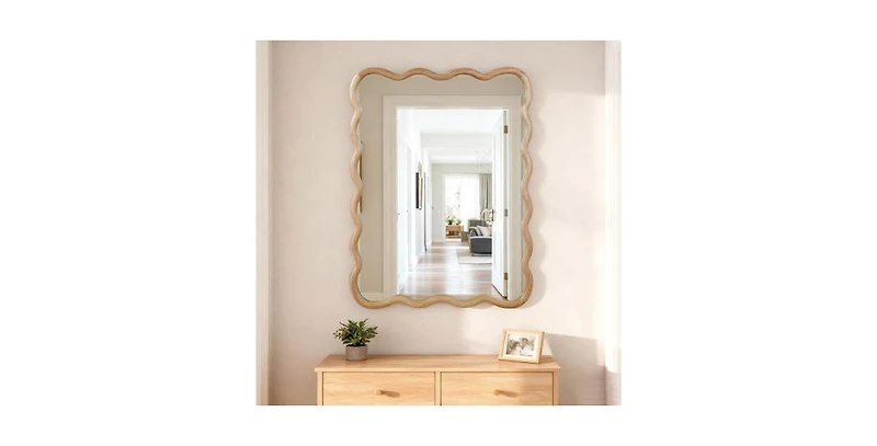 Busdays 30" x 40" Natural Wood Wavy Rectangle Decorative Mirror, Solid Wood Frame for Bathroom Wall