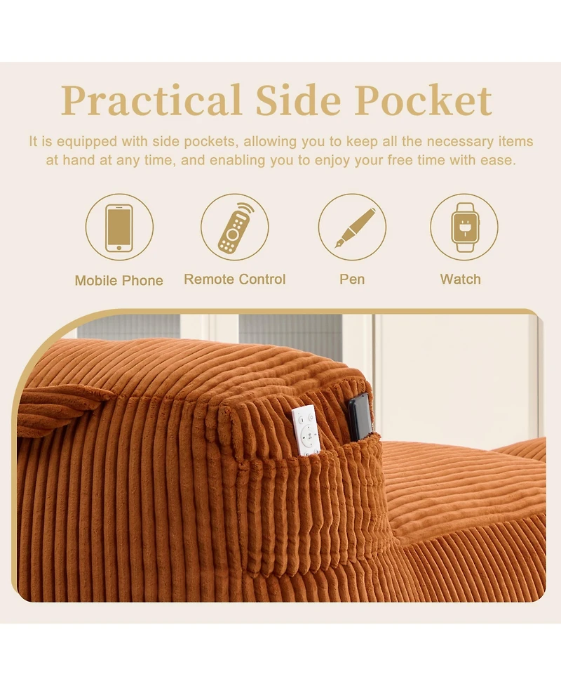 Rainsken Corduroy Bean Bag Chair with Ottoman, Large Beanbag with Side Pockets & Memory Foam for Living Room Lounge