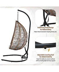 Rainsken Hanging Rattan Egg Swing Chair, Foldable Hammock Chair with Iron Frame, Comfortable Cushion and Removable Headrest for Balcony