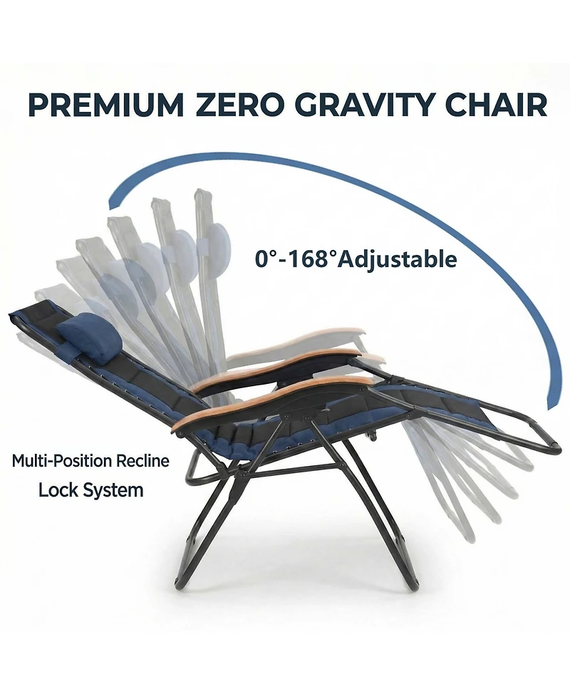 Rainsken Foldable Lounge Chair, Portable Zero Gravity Recliner with Cup Holder and Wooden Armrests for Outside Patio, Beach and Lawn, Support 400 Lbs