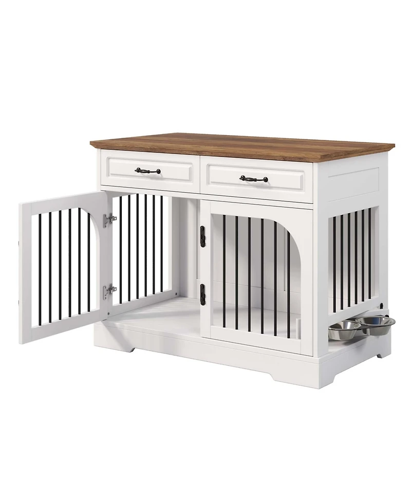 Aostirmotor Farmhouse Dog Crate Furniture with Storage and Rotating Bowls, Metal Kennel for Large Dogs, Side Table