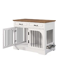 Aostirmotor Farmhouse Dog Crate Furniture with Storage and Rotating Bowls, Metal Kennel for Large Dogs, Side Table