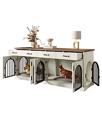 Aostirmotor 70.8" Dog Crate Furniture for 2 Dogs with Divider, 4 Storage Drawers and Doors, End Table Tv Stand, Whiteand