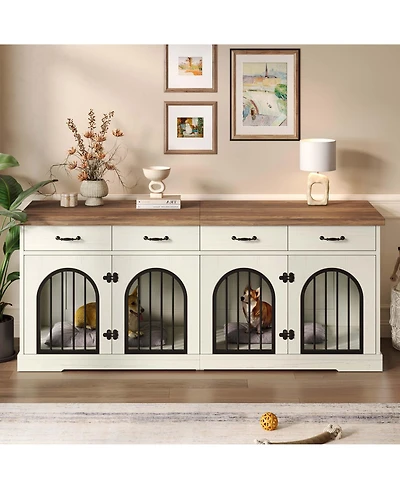 Aostirmotor 70.8" Dog Crate Furniture for 2 Dogs with Divider, 4 Storage Drawers and Doors, End Table Tv Stand, Whiteand