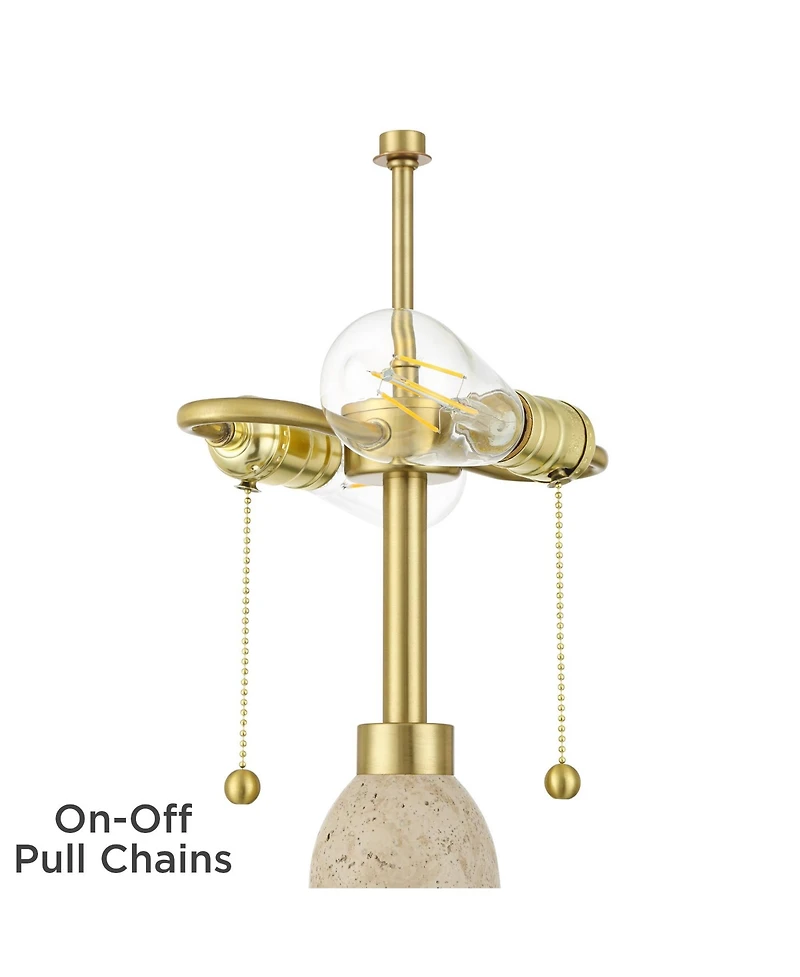 Possini Euro Design Chanterelle 24 1/2" High Mid Century Modern Table Lamp Pull Chain Beige Faux Stone Finish Brass Dome Shade