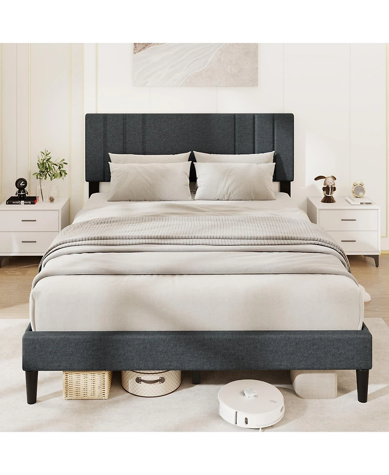 Gouun Bed Frame with Vertical Channel Tufted Headboard and Wooden Slats