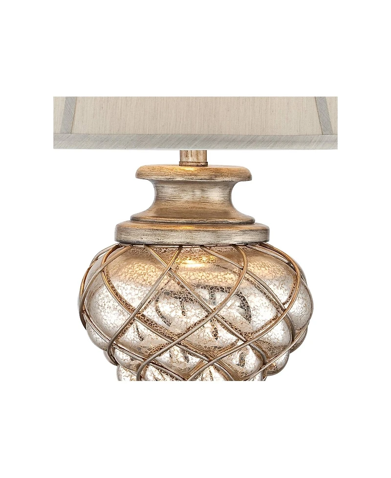 Barnes & Ivy 30.5" Silver Glass Led Table Lamp with Nightlight and Off White Bell Shade