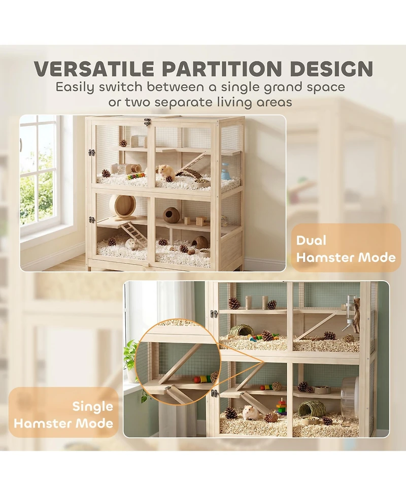 PawHut Wooden Hamster Cage, 4 Tier Small Animal Cage with Mesh Flip Roof