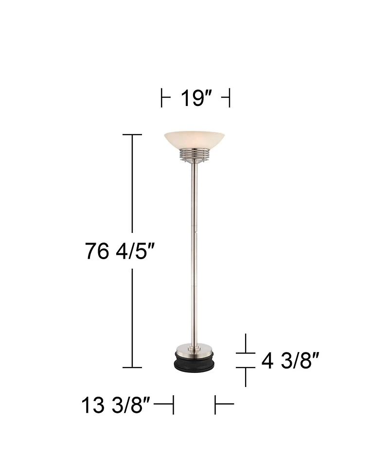 Possini Euro Design Light Blaster Art Deco Torchiere Floor Lamp withRiser 76 3/4" Tall Brushed Nickel Frosted Glass Bowl Shade for Living Room