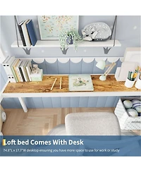 gaomon Metal Loft Bed with Large Desk Storage Shelves Ladder Safety Guardrail Steel Slats Space-Saving