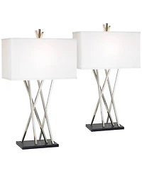 Possini Euro Design Asymmetry 30" Tall Large Modern End Table Lamps Set of 2 Silver Brushed Steel Finish Metal Living Room Bedroom