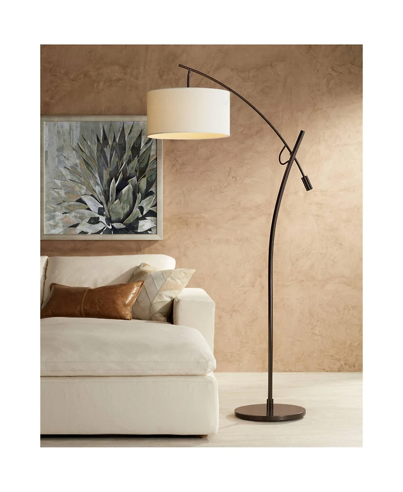 Possini Euro Design Modern Arc Floor Lamp with Usb Charging Port 69" Tall Bronze Drum Shade Adjustable Arm Living Room