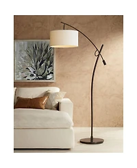 Possini Euro Design Modern Arc Floor Lamp with Usb Charging Port 69" Tall Bronze Drum Shade Adjustable Arm Living Room