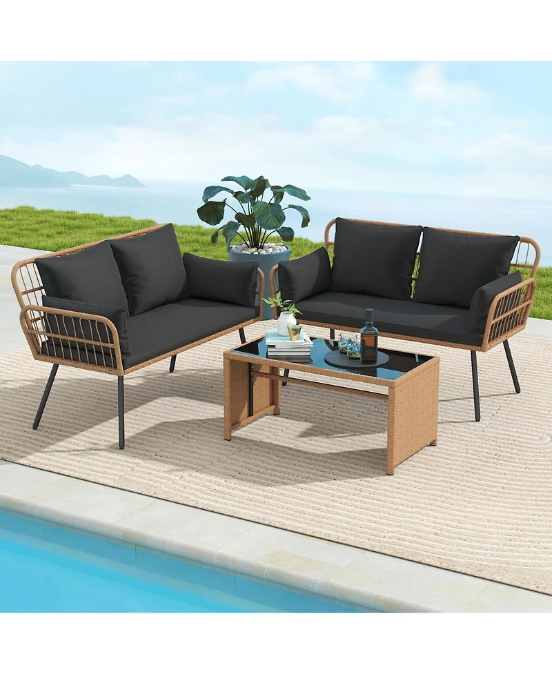 Sugift Outdoor Rattan 2-Seat Chair with Seat Back Cushions and Heavy-Duty Metal Legs