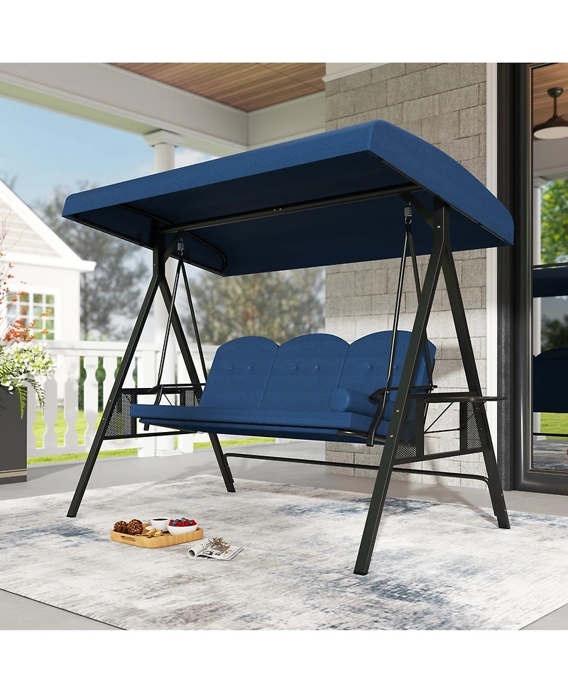 Sugift 3-Seat Patio Swing Chair Porch Swing with Adjustable Canopy Thickened Cushions Pillow and Foldable Side Trays