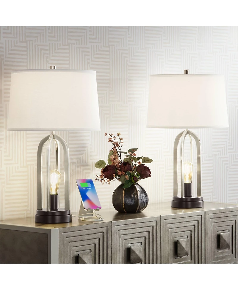 360 Lighting Marcel Modern Table Lamps Set of 2 24 1/4" High Brushed Nickel with Led Nightlight Usb Charging Port for Bedroom House Desk