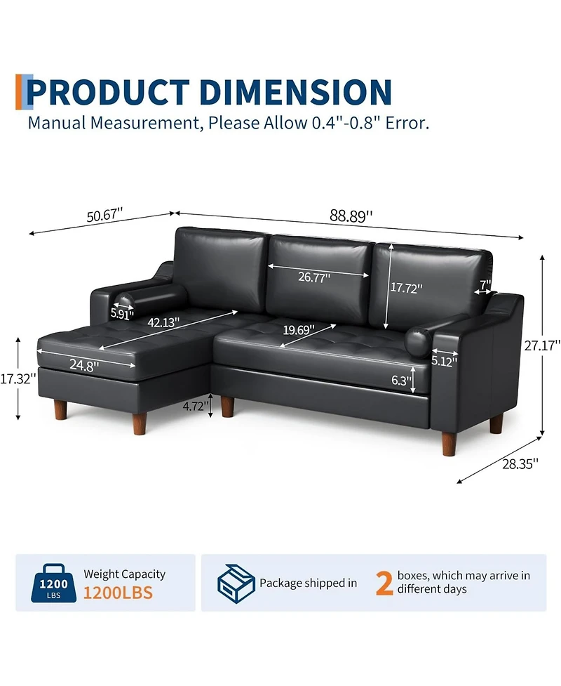 gaomon 88.9" L-Shaped Leather Sofa with Chaise