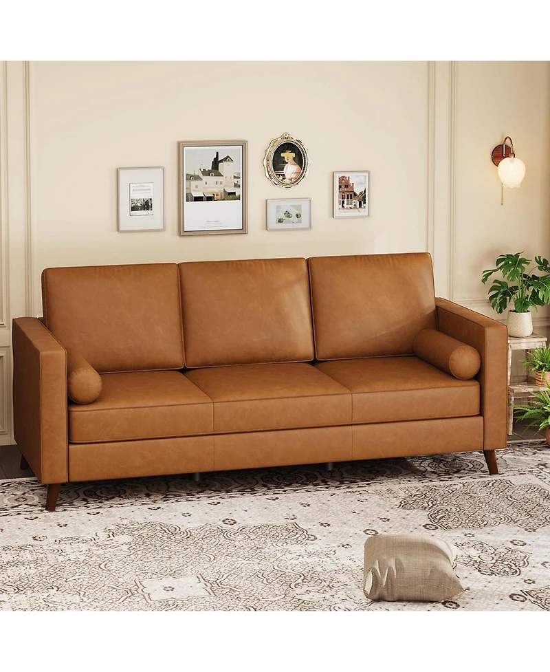 gaomon 86" Faux Leather Sofa, Mid-Century Modern 3-Seater Couch with Deep Seat and Removable Cover