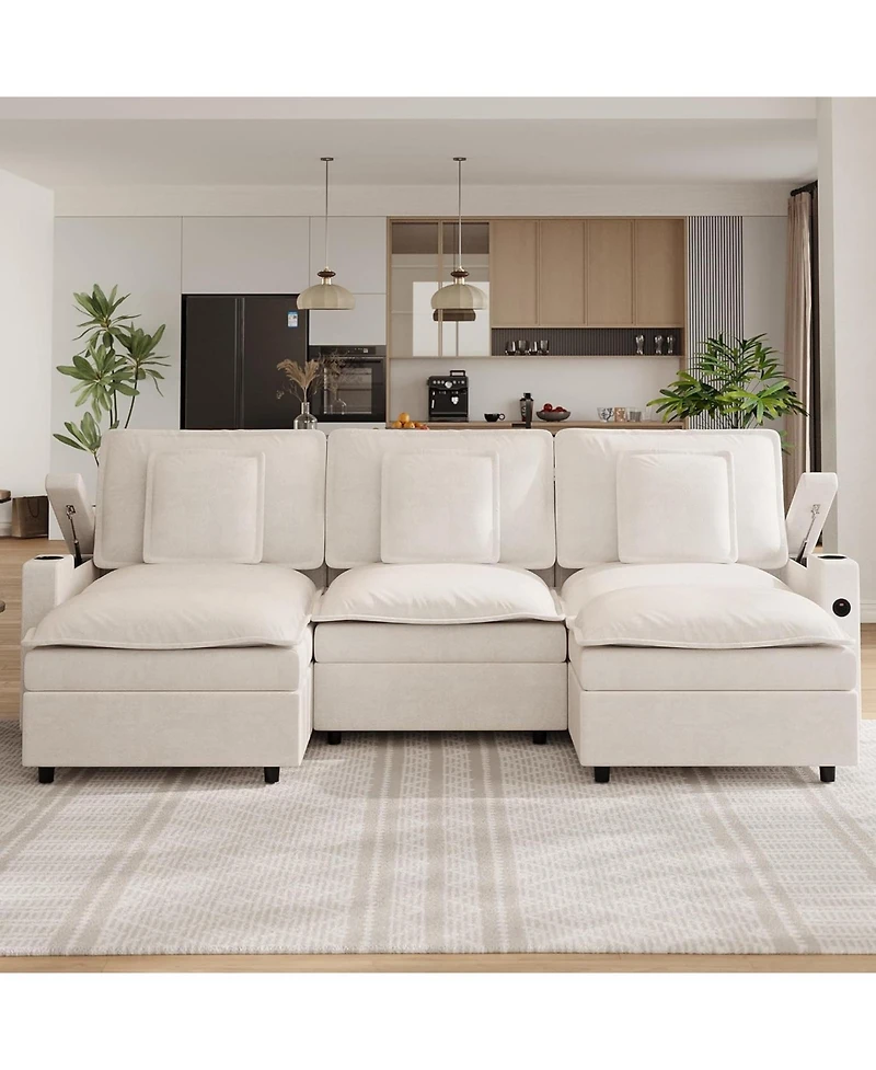 gaomon 108" Modular Sectional Sofa, U-Shaped Chenille Cloud Couch with Storage Armrest and Charging