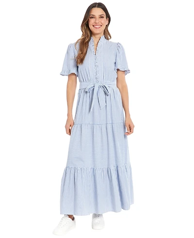 London Times Petite Fit & Flare Slit Neck Tiered Maxi Dress