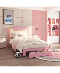 gaomon Upholstered Bed Frame with Led Lights & Storage Drawers, Fabric Headboard Wood Slats, No Box Spring Needed, Princess for Girls