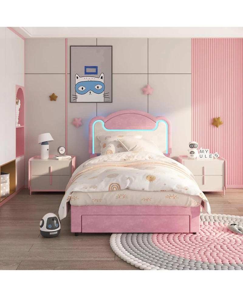 gaomon Upholstered Bed Frame with Led Lights & Storage Drawers, Fabric Headboard Wood Slats, No Box Spring Needed, Princess for Girls