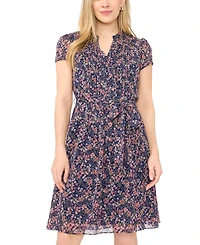 Msk Petite Floral Print Short-Sleeve Pintuck Dress