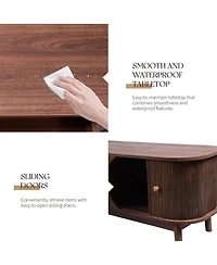 Rainsken Rattan Tv Stand for TVs up to 75'', Modern Farmhouse Media Console with Tambour Sliding Doors and Drawers, Media Console for Living Room