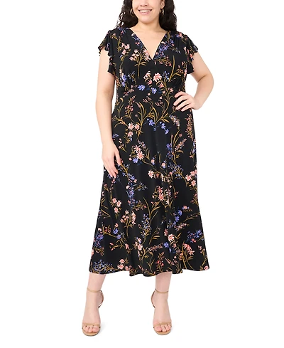 Msk Plus Floral Print V-Neck Midi Dress